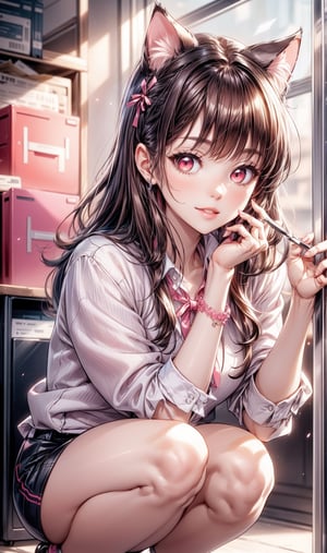 1 cat girl, cat ears, coral red eyes, cat tail, (smile:0.8), parted lips, natural makeup, cute, office lady, hair band, business suit, name tag, (squatting:1.1), leaning forward, filing cabinet, archive, sharp focus, looking at viewer, cowboy shot, from below, (intricate:1.1), (pink theme:1.1), (pink tone:1.1), brown tone, illustration,