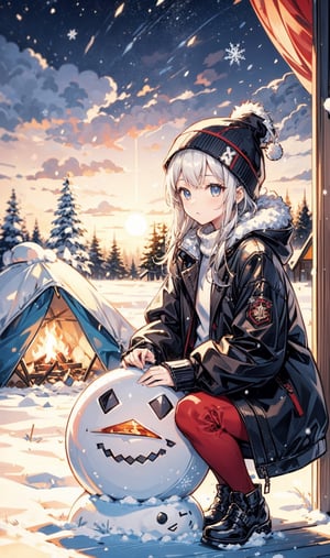 1 girl, snow, winter outfit, bonfire, sitting, tent, christmas tree, Christmas theme, cold, snowman, sunset, illustration,