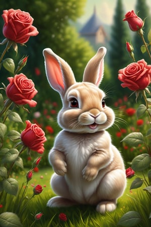 "Produce a super realistic painting in the classic painting style featuring close-up of an cute smiling bunny on green grass and holding a red rose with her hands for valentine day, warm and pleasant soft lighting, amazing sun, amazing depth of field, high detail, perfect accuracy, perfect composition. Ensure the image radiates high-quality details, capturing the essence of a whimsical and cute fluffy cute bunny in a rose garden."