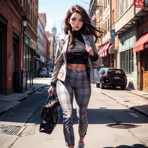 at city, (full body, standing),25 years old, big titty girl((((open long Lapel Blazer(bright brown and white Plaid Pattern), black turtleneck cropped sweater, loose fit lether pants,black tiny bag, white sneakers),mideum breast)), brown long hair, Freckles, dark red eyes, pretty hands, suntanned and glistening skin, Suntanned skin, glistening skin, (best quality, ultra-detailed, 8K)