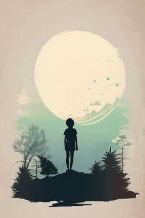 A minimalist, t-shirt design with a vintage twist, featuring a sleek and stylized unclad child body silhouette against a faded, child body is painting about nature, awosome, bright.


