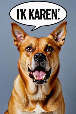 Photo of angry dog with text bubble that says "I hate Karen", 