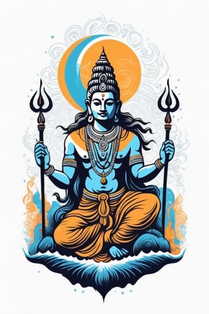 Vintage tshirt print design (on a white background:1.2), Retro Silhouette drawing of a indian shiv idol with trishul on head moon and ganges river is flowing from head the front, with colors ink pop art blackground,delicate,filigram,centered,intricate details,high resolution,4k, illustration style,Leonardo Style