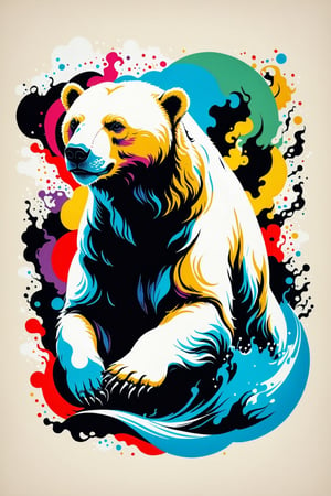 Vintage print design (on a white background:1.2), Silhouette drawing a rampant polar bear, with colors ink pop art blackground, delicate, filigram, centered, intricate details, illustration style, Katsushika Hokusa Style, ink sketch, comic book,chinese dragon,Leonardo Style