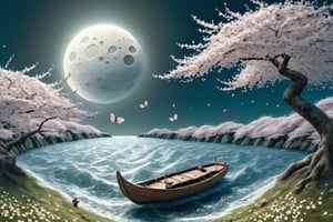 flower, sky, water, tree, petals, no humans, cherry blossoms, scenery, branch, watercraft, waves, boat,Extremely Realistic,moonster