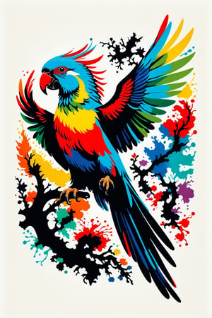 Vintage print design (on a white background:1.2), Silhouette drawing a rampant parrot, with colors ink pop art blackground, delicate, filigram, centered, intricate details, illustration style, Katsushika Hokusa Style, ink sketch, comic book,chinese dragon,Leonardo Style