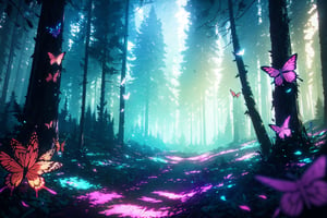 style of Anato Finnstark, a beautiful landscape of a forest, bird, butterfly, thematic background, neon, glow, fluttering symbols, | depth of field, bokeh, | smooth detailed shadows, hyperealistic shadows, (saturated color) | ,(unreal engine, pixar style), (3d model),Neon Light