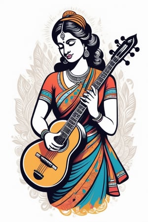 Vintage tshirt print design (on a white background:1.2), Retro Silhouette drawing of a indian saraswati idol from the front, with colors ink pop art blackground,delicate,filigram,centered,intricate details,high resolution,4k, illustration style,Leonardo Style