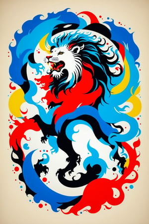 Vintage print design (on a white background:1.2), Silhouette drawing a rampant lion, with colors ink pop art blackground, delicate, filigram, centered, intricate details, illustration style, Katsushika Hokusa Style, ink sketch, comic book,chinese dragon,Leonardo Style