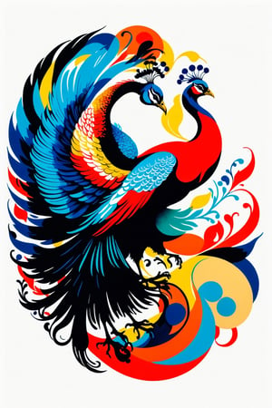 Vintage print design (on a white background:1.2), Silhouette drawing a rampant peacock, with colors ink pop art blackground, delicate, filigram, centered, intricate details, illustration style, Katsushika Hokusa Style, ink sketch, comic book,chinese dragon,Leonardo Style