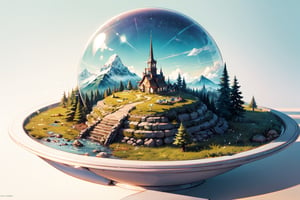 (best quality), (4k resolution), creative illustration of a miniature world on a white pedestal. The world is a green sphere with various natural and artificial elements. There is a river, trees, mountains, and a small house on the sphere. The image has a minimalist style with a light color palette that creates a contrast with the white background. The image gives a sense of wonder and curiosity about the tiny world and its inhabitants.,ff14bg,High detailed,Makeup