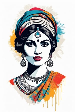 Vintage tshirt print design (on a white background:1.2), Retro Silhouette drawing of a indian woman from the front, with colors ink pop art blackground,delicate,filigram,centered,intricate details,high resolution,4k, illustration style,Leonardo Style