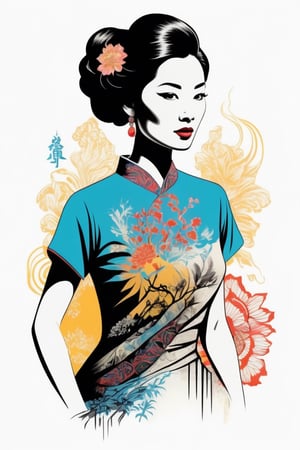 Vintage tshirt print design (on a white background:1.2), Retro Silhouette drawing of a chinese lady from the front, with colors ink pop art blackground,delicate,filigram,centered,intricate details,high resolution,4k, illustration style,Leonardo Style