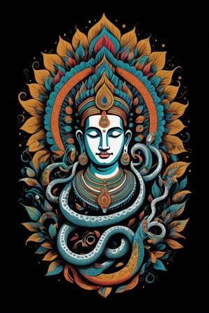 Vintage tshirt print design (on a white background:1.2), Retro Silhouette drawing of a indian vishnu sleeping on multiple heads snake idol from the front, with colors ink pop art blackground,delicate,filigram,centered,intricate details,high resolution,4k, illustration style,Leonardo Style