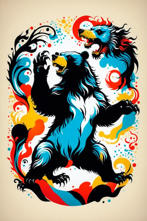 Vintage print design (on a white background:1.2), Silhouette drawing a rampant bear, with colors ink pop art blackground, delicate, filigram, centered, intricate details, illustration style, Katsushika Hokusa Style, ink sketch, comic book,chinese dragon,Leonardo Style