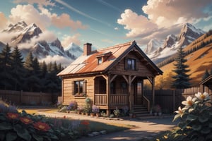 (Masterpiece, ultra detailed, hyper quality) a cute small but cozy wooden house on the edge of the village, photo next to the fence, the fence is out of focus, lots of trees and colorful flowers, small mountains and a few houses in the background, detailed clouds, bright colors,  

leonardo