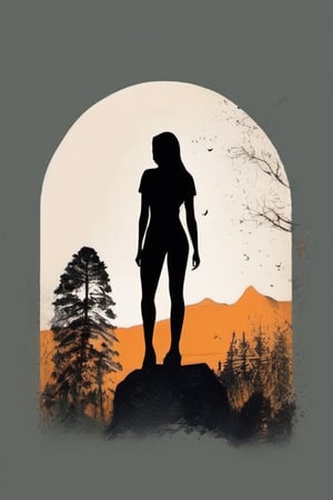A minimalist, t-shirt design with a vintage twist, featuring a sleek and stylized unclad old man body silhouette against a faded, women body is painting about nature, awosome, bright.


