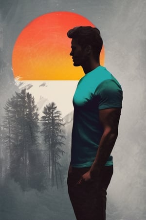 A minimalist, t-shirt design with a vintage twist, featuring a sleek and stylized unclad man body silhouette against a faded, women body is painting about nature, awosome, bright.


