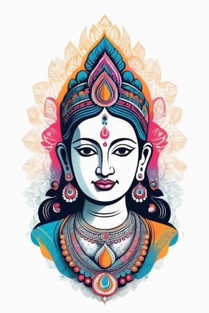 Vintage tshirt print design (on a white background:1.2), Retro Silhouette drawing of a indian Lakshmi idol from the front, with colors ink pop art blackground,delicate,filigram,centered,intricate details,high resolution,4k, illustration style,Leonardo Style