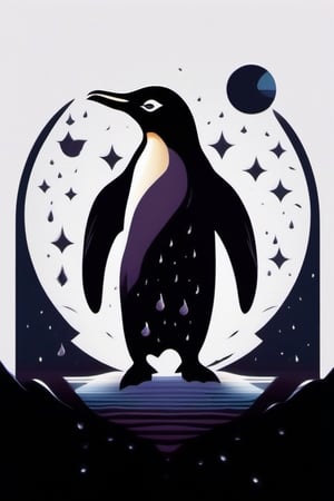 A haunting scene of a penguin surrounded by lunar symbols, obscured in darkness, mystical, secrecy, rain of meteors, isolated on white background, monochromatic dark hues, detailed flat 2d illustration, minimalistic lighting, contour, HDR, 8K