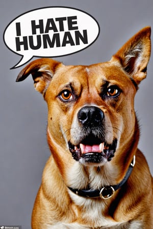 Photo of angry dog with text bubble that says "I hate Human", 