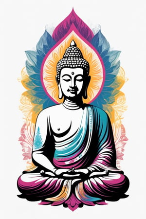 Vintage tshirt print design (on a white background:1.2), Retro Silhouette drawing of a indian Buddha idol from the front, with colors ink pop art blackground,delicate,filigram,centered,intricate details,high resolution,4k, illustration style,Leonardo Style