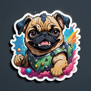 (highly detailed, masterpiece, best quality,highres:1.3), sticker bomb, flat vector, mascot design, character design, cartoon, ((angry dog face)),breed_pug, black chibi, Leonardo Style, sticker, graffiti art, street art, "fist hand sign", no face, showing, realistic art, viking loki, floating, sticker, "floating in space", outer_space, "colorful_spacesuit", "splash color background"