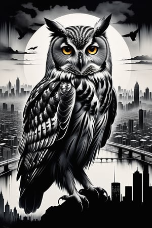 high quality, 8K Ultra HD, A beautiful double exposure that combines an owl silhouette with an anime metropolitan landscape, The big city should serve as the underlying backdrop, with its details incorporated into the owl, The background is monochrome, sharp focus, double exposure, by yukisakura, awesome full color,

, in the style of esao andrews