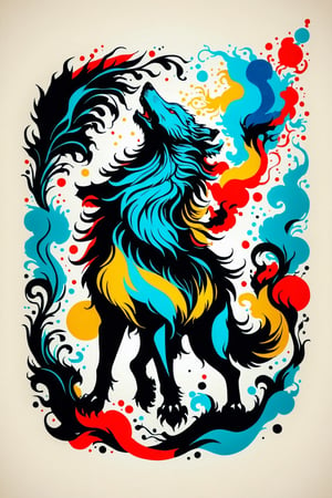 Vintage print design (on a white background:1.2), Silhouette drawing a rampant wolf, with colors ink pop art blackground, delicate, filigram, centered, intricate details, illustration style, Katsushika Hokusa Style, ink sketch, comic book,chinese dragon,Leonardo Style