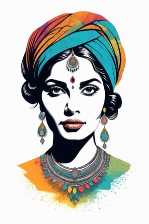 Vintage tshirt print design (on a white background:1.2), Retro Silhouette drawing of a indian woman from the front, with colors ink pop art blackground,delicate,filigram,centered,intricate details,high resolution,4k, illustration style,Leonardo Style