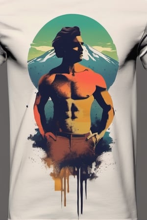 A minimalist, t-shirt design with a vintage twist, featuring a sleek and stylized unclad man body silhouette against a faded, man body is painting about nature, awosome, bright.



