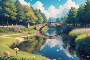 flower, outdoors, sky, day, cloud, water, tree, blue sky, no humans, grass, bug, butterfly, nature, scenery, bridge, river, pond