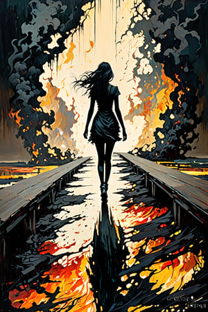 female Silhouette walking away, bridge burning behind, path leading forward,, Dark and introspective, Abstract expressionism, Surrealist imagery, "Melancholic Surrealism", highly detailed, high quality. hyperactive imagination, interactive, highly detailed image. Art's Style by Clayton Crain + Stjepan Sejic + Alessandro Cappuccio.
