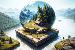 (best quality), (4k resolution), creative illustration of a miniature world on a white pedestal. The world is a green sphere with various natural and artificial elements. There is a river, trees, mountains, and a small house on the sphere. The image has a minimalist style with a light color palette that creates a contrast with the white background. The image gives a sense of wonder and curiosity about the tiny world and its inhabitants.,ff14bg,High detailed,Makeup