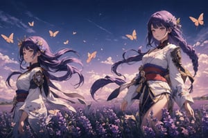 lavender fields, purple sky, butterflies(best quality,Masterpiece,EpicArt,(best quality,1 girl,raidenshogundef