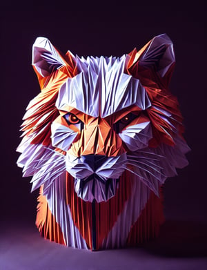 (head and shoulders portrait:2), (angry glaring villian paper tiger cub:2), menacing expression, wearing super hero outfit, made out of folded paper, origami,  light and delicate tones, clear contours, cinematic quality, dark background, highly detailed, chiaroscuro, ral-orgmi