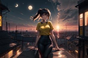 8k, ((best quality)), ((masterpiece)), high_res, anime, (upper body: 1.2), contrast lighting, concept art
1 girl, solo, black hair, sexy body,average breasts, model pose, fly in the sky, (yellow shirt), (breeches: \black\), socks, (sneakers: \red\)
landscape, (city in sundown, sun and moon),perfect light