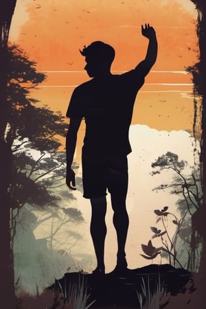 A minimalist, t-shirt design with a vintage twist, featuring a sleek and stylized unclad boy body silhouette against a faded, boy body is painting about nature, awosome, bright.


