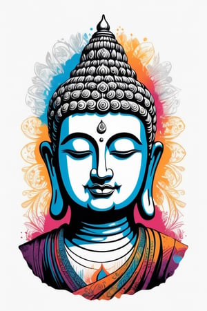 Vintage tshirt print design (on a white background:1.2), Retro Silhouette drawing of a indian Buddha idol from the front, with colors ink pop art blackground,delicate,filigram,centered,intricate details,high resolution,4k, illustration style,Leonardo Style