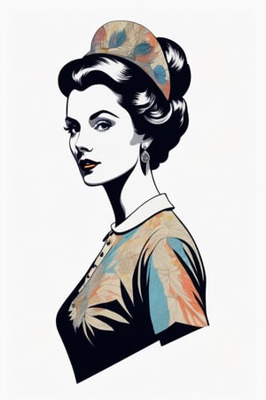 Vintage tshirt print design (on a white background:1.2), Retro Silhouette drawing of a british lady from the front, with colors ink pop art blackground,delicate,filigram,centered,intricate details,high resolution,4k, illustration style,Leonardo Style