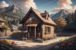 (Masterpiece, ultra detailed, hyper quality) a cute small but cozy wooden house on the edge of the village, photo next to the fence, the fence is out of focus, lots of trees and colorful flowers, small mountains and a few houses in the background, detailed clouds, bright colors,  

leonardo