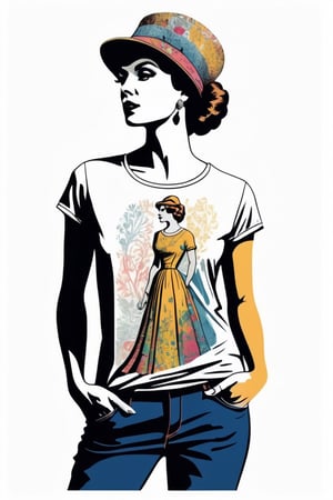 Vintage tshirt print design (on a white background:1.2), Retro Silhouette drawing of a england lady from the front, with colors ink pop art blackground,delicate,filigram,centered,intricate details,high resolution,4k, illustration style,Leonardo Style
