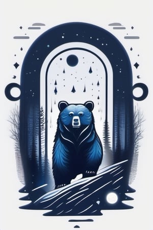 A haunting scene of a bear surrounded by lunar symbols, obscured in darkness, mystical, secrecy, rain of meteors, isolated on white background, monochromatic dark hues, detailed flat 2d illustration, minimalistic lighting, contour, HDR, 8K