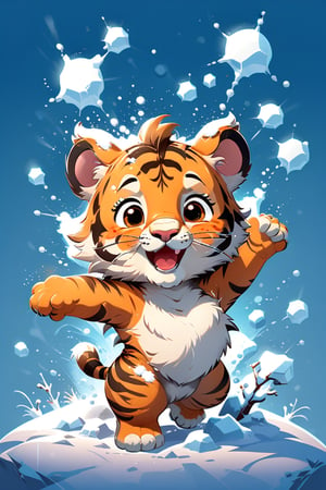 cartoon flat, cute tiger playing with snow, high detail cartoon vector illustration, cartoon character design, simple, minimalist, cute, funny, chibi, kawaii, isolated on transparent background, digital rendering,Flat vector art,Vector illustration,Illustration