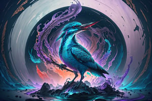 Colorful beautiful kingfisher , Purple ink flow, 8k resolution photorealistic masterpiece, intricately detailed fluid gouache painting, calligraphy acrylic, watercolor art, professional photography, natural lighting, volumetric lighting maximalist photoillustration, by marton bobzert, 8k resolution concept art intricately detailed, complex, elegant, expansive, fantastical,fantasy00d
