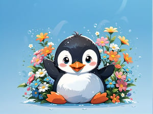cartoon flat, cute penguin playing with flowers, high detail cartoon vector illustration, cartoon character design, simple, minimalist, cute, funny, chibi, kawaii, isolated on transparent background, digital rendering,Flat vector art,Vector illustration,Illustration