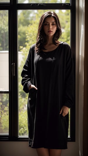 (photorealistic:1.2) masterpiece, a beautiful dark haired woman standing beside a window looking outside