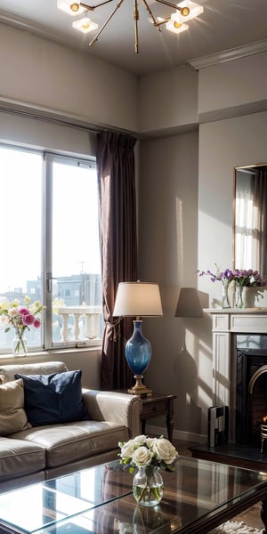 A Ultra realistic sunny interior, living room, flower vase