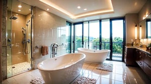 Modern bathroom, High quality background, beautiful vast luxurious bathroom with tub mirrors and toiletries, dazzling sunlight, (photo realistic, realistic:1.5),