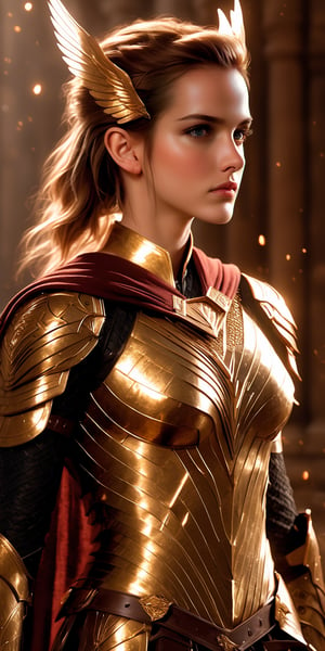 epic composition,  cinematic lighting,  masterpiece, Emma Watson as a valkyrie,  preparing for a fight,  with intrincate dark armor with elaborated golden ornaments,  dynamic action pose, semi side shot,  war background,  full body portrait,  dim volumetric lighting,  8k octane beautifully detailed render,  extremely hyper-detailed,  intricate,  stunning Detailed matte painting,  deep color,  fantastical,  intricate detail,  complementary colors,  fantasy concept art,  8k resolution,  Volumetric light,  rays, action shot, EmmaWatson